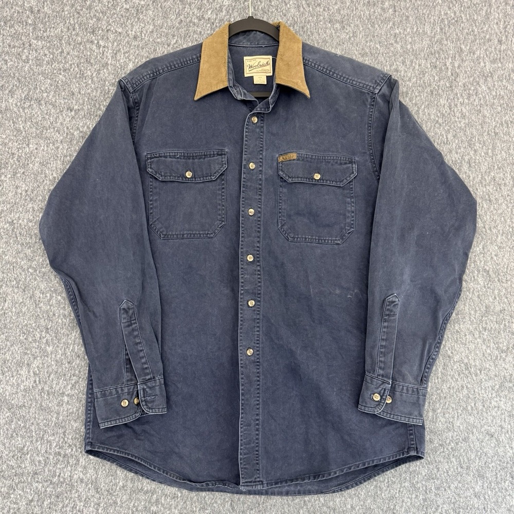 Vintage Woolrich Chamois Shirt Mens L Blue With Leather Collar Work Button Up